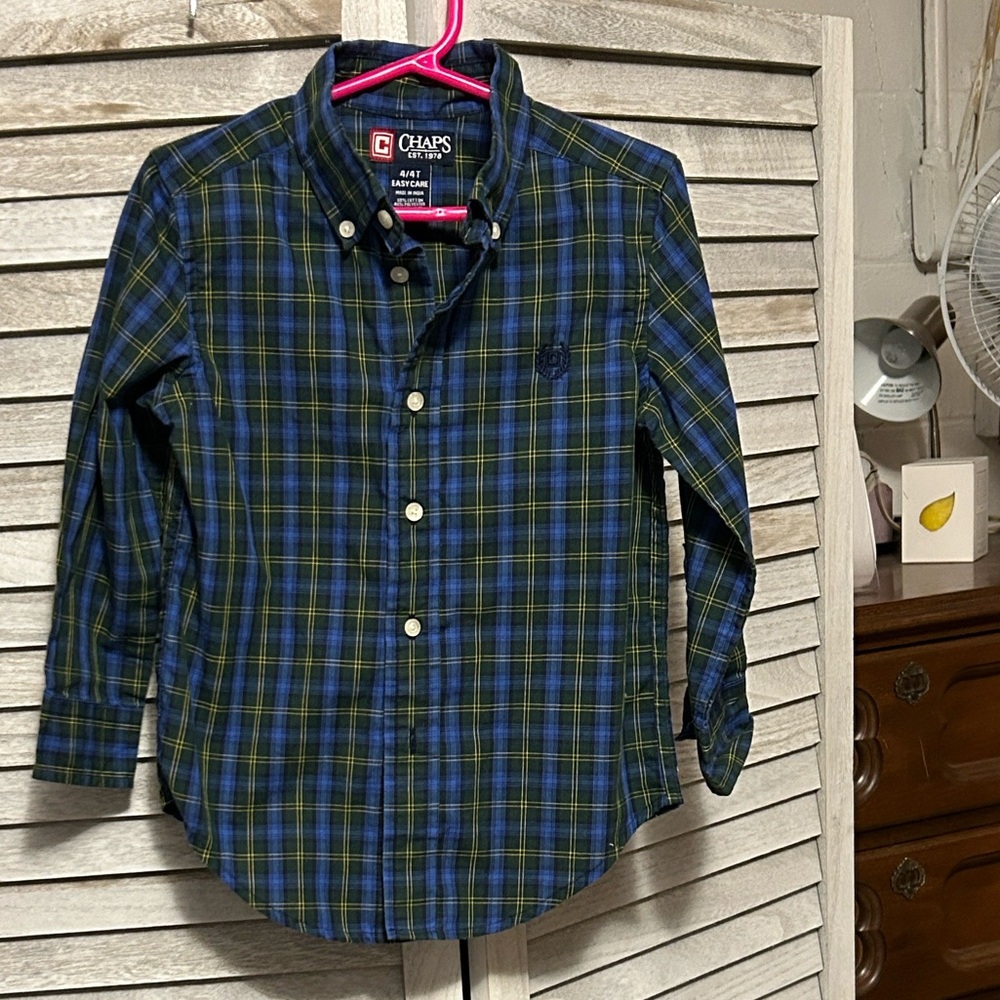 Chaps Blue and Green Plaid Button-Down Shirt 4T